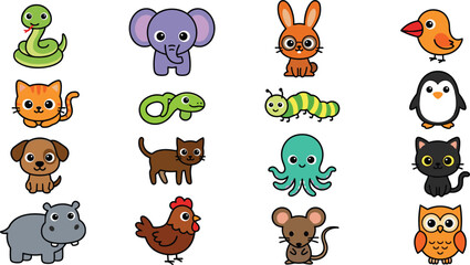 Cute animal cartoon vector icon set with elephant cat dog penguin owl snake and octopus © MdRobiul