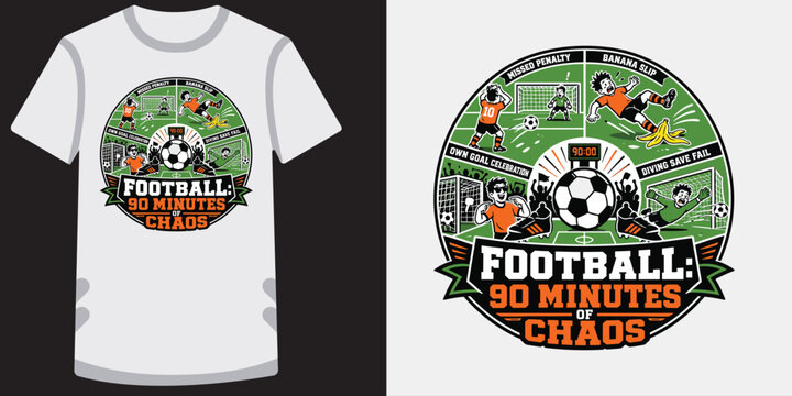 Funny soccer moments chaotic match illustration for t shirt design on white background.