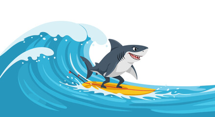 Fototapeta premium Cartoon Shark Surfing on a Big Blue Ocean Wave