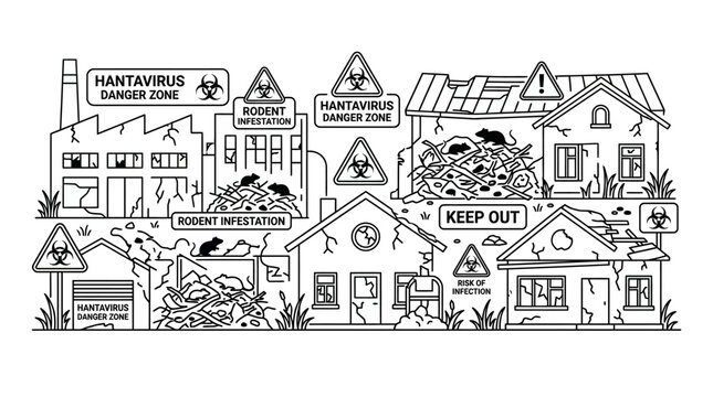 Hantavirus danger zone warning signs and rodent infestation in abandoned buildings.