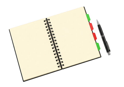 Open spiral notebook with colorful index tabs and a black pen isolated on transparent background