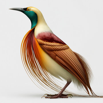 A beautiful bird with vibrant colorful feathers stands in profile against a plain white background