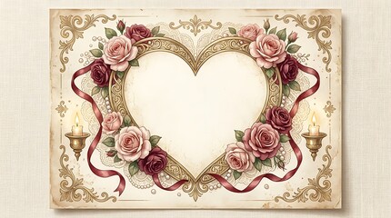 Fototapeta premium Vintage heart frame with roses and candles on ornate card