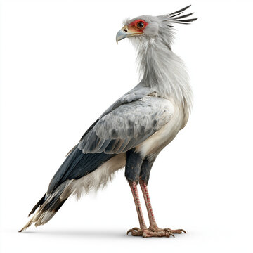 A majestic secretary bird stands tall in profile isolated against a plain white background