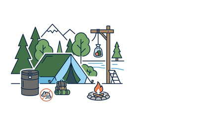 Illustration of a campsite with tent and campfire in nature. © alfan fikri