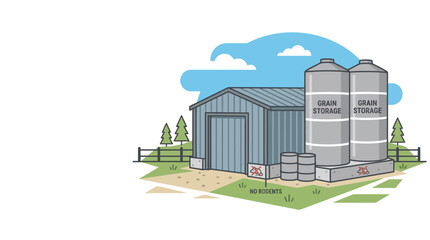 Illustration of a metal farm building with grain silos for agricultural storage. © alfan fikri
