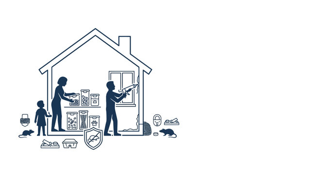 Illustration of a family securing their home against pest infestation.