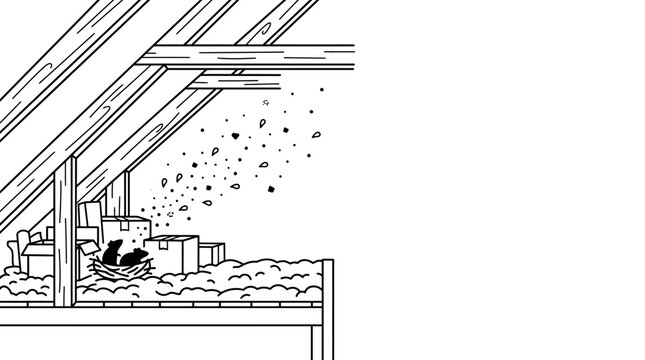 Illustration of a bird nest with chicks inside an attic.