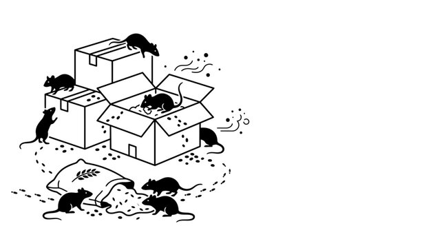 Illustration of a rat infestation in a storage area with boxes and grain.