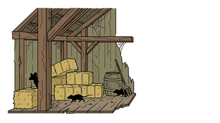 Illustration of mice inside a rustic wooden barn with hay bales. © alfan fikri