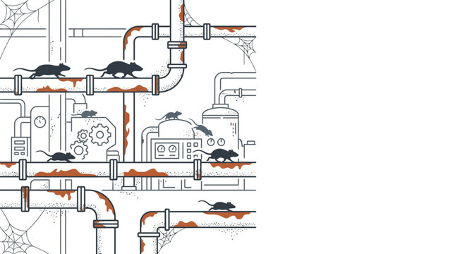 Illustration of rats crawling through dirty industrial factory pipes.