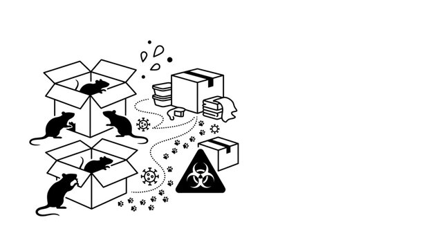 Illustration of rats infesting shipping boxes and creating a biological hazard.