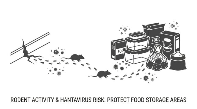 Illustration showing rodents invading food storage area with health warning.