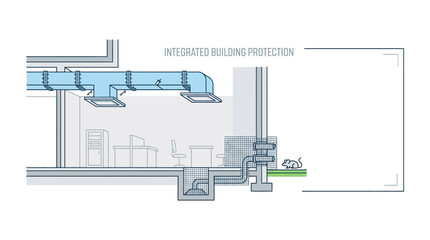 Naklejka premium Integrated building protection schematic showing HVAC ductwork and wall section.
