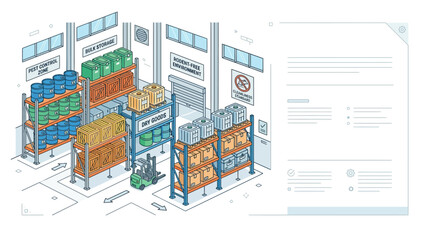 Isometric warehouse storage interior with forklift and goods. © alfan fikri