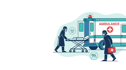 Medical emergency team with ambulance transporting patient on stretcher. © alfan fikri