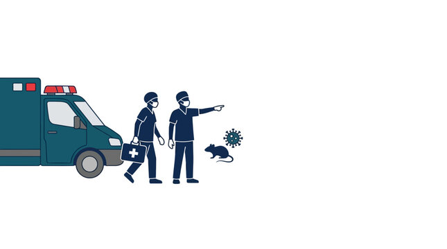 Medical emergency team identifying virus carrying rat near ambulance.