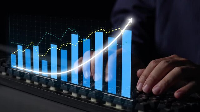 A visual representation of business analytics with graphs and charts showing upward trends, highlighting growth and data insights from a computer keyboard in a dark setting. Copula