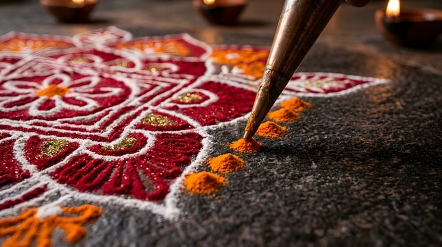 Hand using a metal cone to create a colorful rangoli pattern with red, orange, and white powder on a dark textured floor during a traditional indian festival celebration