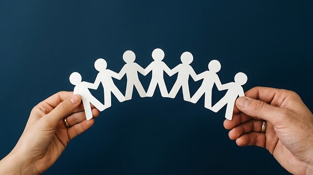 Two hands holding a chain of white paper cutout people against dark blue background