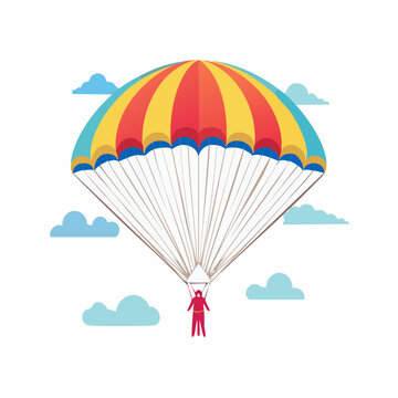 Parachutist descending with colorful parachute and clouds