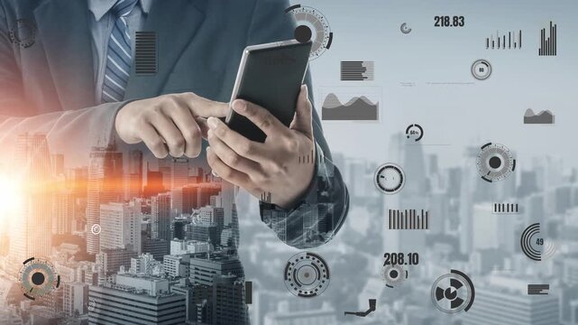 A business professional interacts with a smartphone against a cityscape background, featuring dynamic data visualization elements that represent modern analytics and technology. Xenic