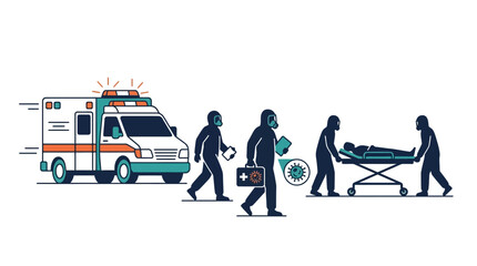 Medical team in protective suits with ambulance and patient on stretcher. © Bayu prakoso