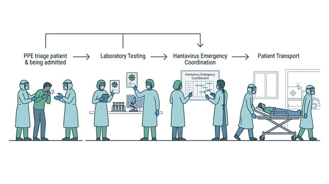 Medical workflow infographic illustrating hospital patient care and diagnostic procedures.