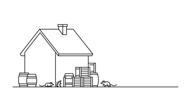 Minimalist outline drawing of a house with crates barrels and rats.