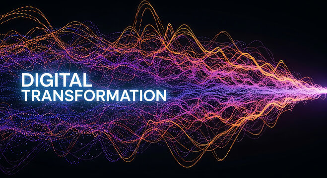 Digital transformation text with abstract glowing wave patterns of purple and orange word