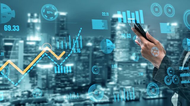 Business person checks financial data on a smartphone, viewing stock trends and statistics against a city skyline, capturing the essence of modern finance. Xenic