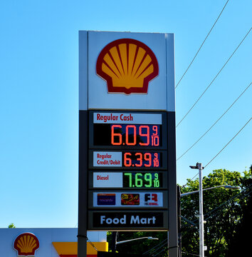 Sign with gas prices posted at a Shell gas station in Seattle, WA, USA, May 3, 2026