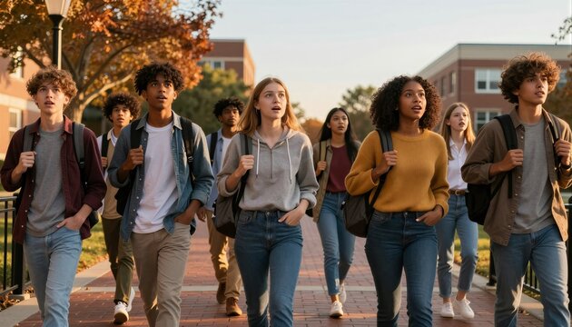 Freshmen group explore university campus with curiosity in autumn