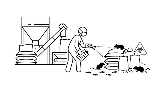 Pest control inspector examining a warehouse with rats.