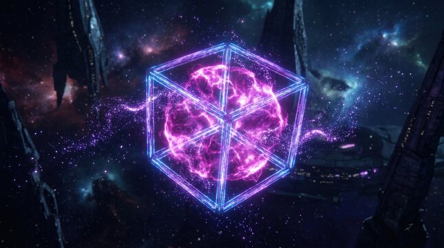 Futuristic Sci-Fi Energy Core in Glowing Neon Cube Container, Cosmic Space Technology