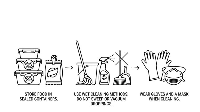 Pest control safety infographic steps for cleaning rodent droppings.