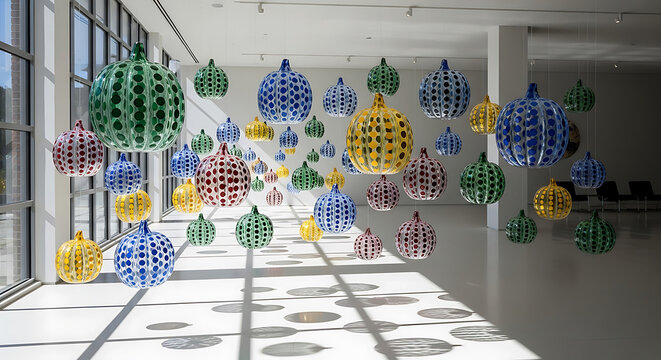 Polka dot pumpkin sculptures hanging in a brightly lit modern art gallery installation