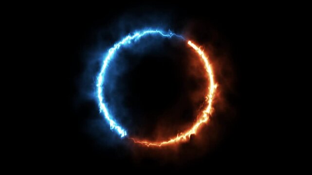 Energy Ring Animation with Blue Ice Fire and Orange Flame Portal Effect on Black Background
