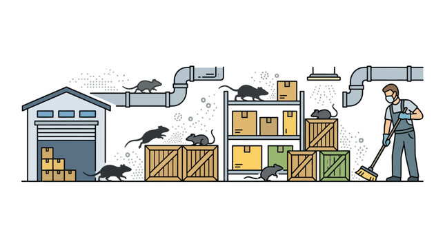Pest control worker cleaning warehouse infested with rats.