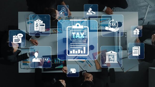 A diverse group of professionals engaged in collaborative tax strategy planning using digital tools, surrounded by icons representing finance and management services. Raster