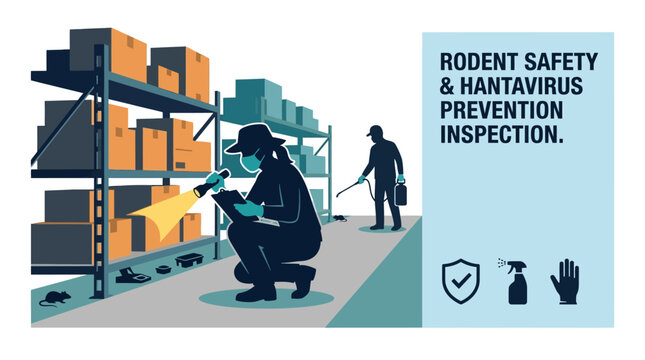 Professional inspectors performing a thorough rodent safety and hantavirus prevention inspection in a warehouse environment.