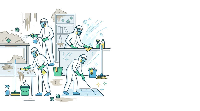 Professional disinfection team in protective suits cleaning an office space.