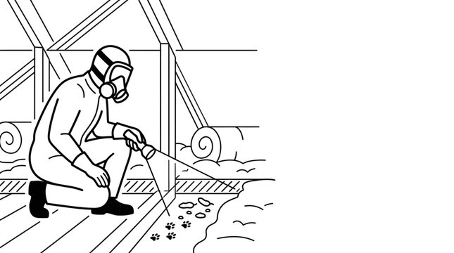 Professional inspector wearing protective gear examining attic insulation.