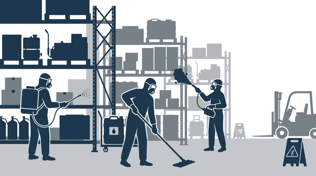 Professional sanitation team cleaning a warehouse facility.