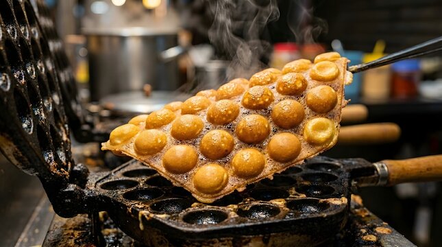 Freshly baked hong kong style egg waffle being removed from a hot metal iron mold with visible steam rising in a street food kitchen setting