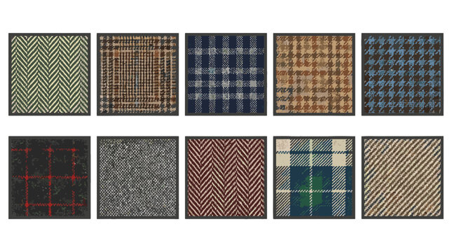 Collection of various plaid and checkered fabric patterns in different colors