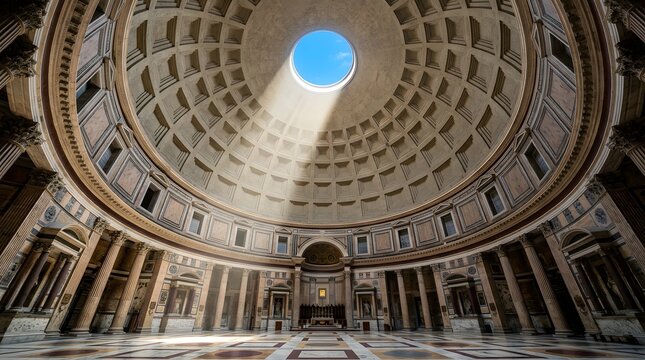 Interior view of the pantheon in rome, italy, looking up at the massive concrete dome with its central oculus opening to a bright blue sky, sunlight streaming through the circular