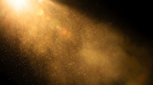 Golden light beam shining through dark space filled with floating dust particles and glowing bokeh, creating a warm atmospheric effect with a bright lens flare in the corner
