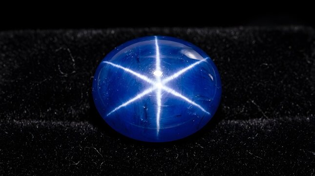 A polished blue star sapphire gemstone featuring a distinct six-rayed asterism light effect, resting on a dark black velvet surface, macro close-up view of a precious cabochon stone
