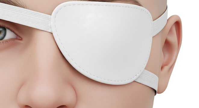 Close-up of a person's eye wearing a white eye patch for medical treatment or vision correction, isolated on a white background